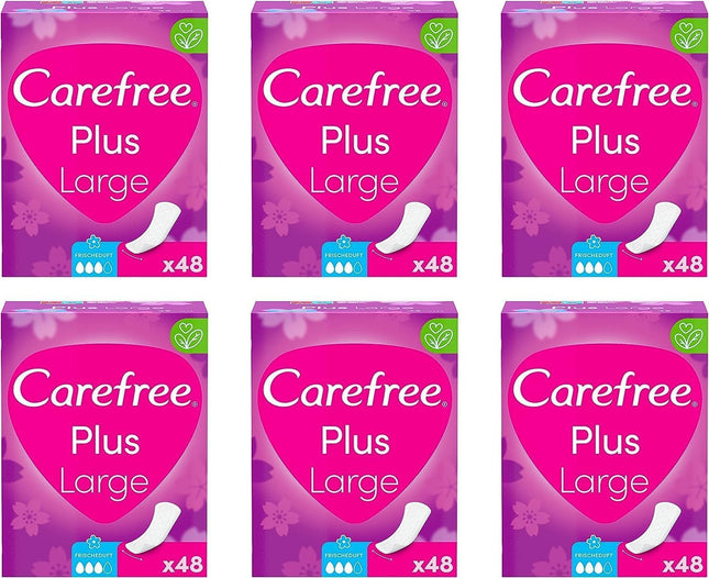 Carefree Plus Large panty liners with fresh scent (1 x 48 pieces), extra wide and super absorbent to lock in fluids instantly, neutralizes odors, size Plus Large
