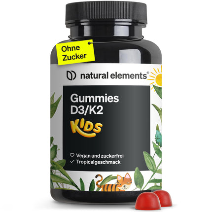 Vitamin D3 K2 Gummies KIDS – 120 fruity gummies – vegan, sugar-free – tropical flavor – branded raw material K2VITAL® – optimal dosage for children – produced in Germany &amp; laboratory-tested