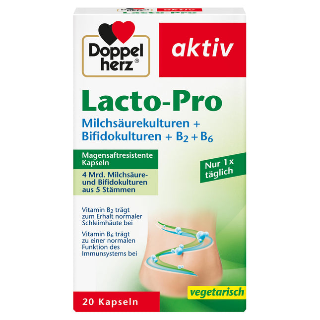 Doppelherz Lacto-Pro Lactic Acid Cultures + Bifido Cultures + B2 + B6 - Vitamin B6 contributes to the normal function of the immune system - 20 vegetarian and gastro-resistant capsules
