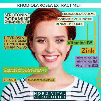 Nord Vital Serotolift - Serotonin and Dopamine Precursors - Rhodiola Rosea, L-Tryptophan, L-Tyrosine, L-Phenylalanine, Chromium, Zinc, Vitamins D3, B5, B6, B9 and B12 - Vegan - Made in Germany