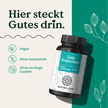 NATURE LOVE® Zinc - 365 Tablets (1 Year) - High Dose (25mg): Zinc Bisglycinate - Highly Bioavailable Zinc - Vegan, Laboratory Tested, Developed in Germany