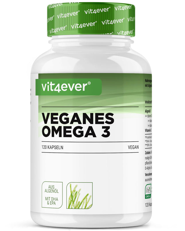 Omega 3 vegan - 120 capsules - High dose with 1,500mg algae oil per daily dose - Premium: Branded raw material life's®Omega - Laboratory tested - Low in pollutants - High dosage