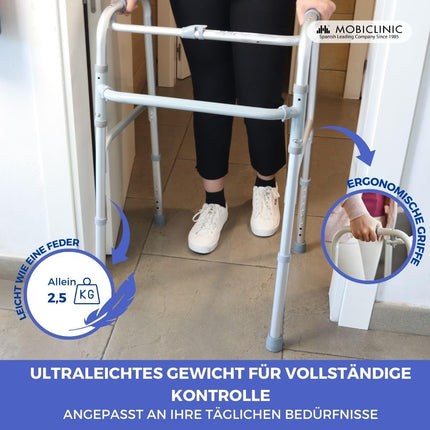 Mobiclinic®, Walking Aid, Walking Frame, Narrow, Stable, Foldable, 4 Rubber Feet, Made of Aluminum, Lightweight, European Brand, Height Adjustable, Ergonomic Handles, Only 2.5 kg, Silver, Model Columna