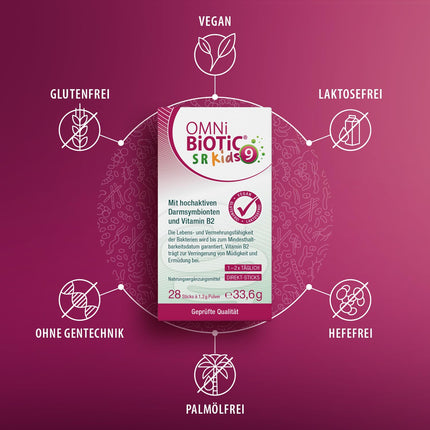 OMNi BiOTiC SR-9 Kids | 28 Sticks | 9 Bacterial Strains | Melt directly on the tongue | Vegan | Gluten-free | Lactose-free