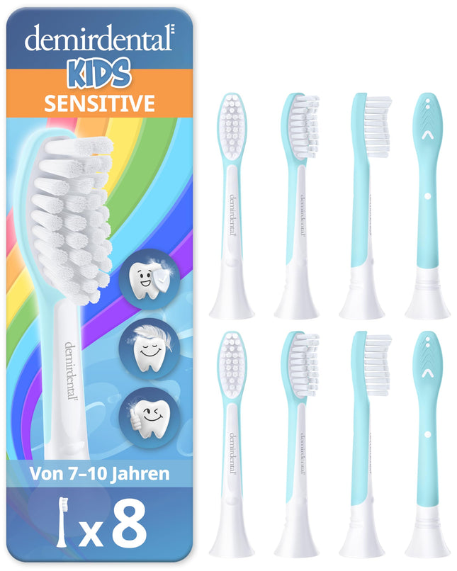 demirdental replacement brushes for kids, suitable for Philips Sonicare replacement brushes Kids, children's sonic toothbrushes, children's replacement brushes from 7 years, corresponds to HX6044, turquoise, set of 8