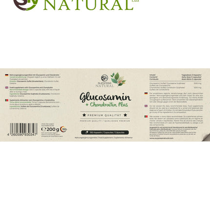 Surpresa Natural Glucosamine Chondroitin Capsules High Dose I 1 x 195 Capsules I 1500 mg Glucosamine &amp; 1200 mg Chondroitin per daily dose I Dietary supplement without additives &amp; laboratory tested