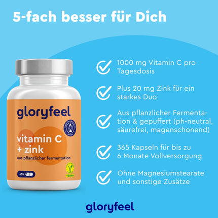 Vitamin C 365 Capsules - High dosage with 1000mg + 20mg zinc - Plant-fermented &amp; buffered (pH-neutral, acid-free, gentle on the stomach) - Laboratory-tested, vegan, produced without additives