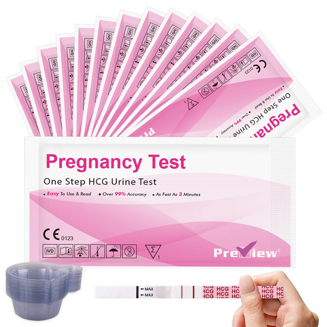 Preview 25 Pregnancy Test Early Test Strips 10 mIU/ml hCG Test reliable early detection with 25 urine cups