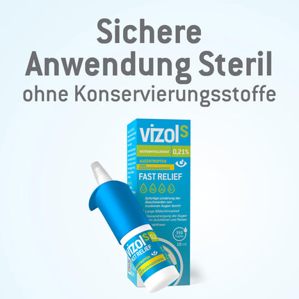 Vizol S 0.21% Fast Relief Eye Drops 10 ml provide immediate and effective relief from mild to moderate symptoms of dry and irritated eyes, preservative-free