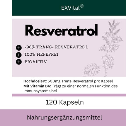 EXVital® Resveratrol Capsules, 98% Trans-Resveratrol, 500mg per capsule, 120 vegan capsules, vegan &amp; without additives, laboratory tested