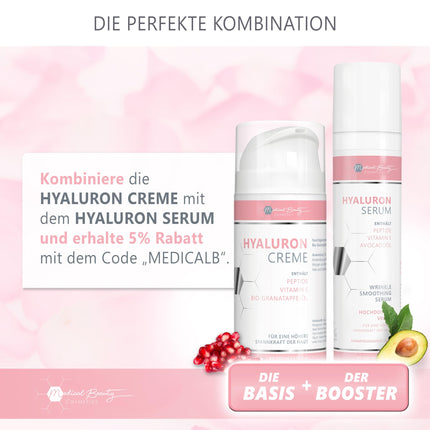 Hyaluronic Serum high-dose 100ml - with anti-aging booster avocado oil, peptides and vitamin E - vegan anti-wrinkle face cream for eyes, neck and décolleté with cross-linked hyaluronic acid