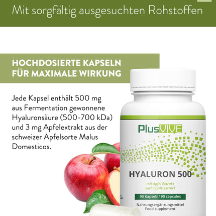 PlusVive Hyaluronic Acid Capsules High Dosage I 1 x 90 Capsules with Apple Extract I 500mg Hyaluronic Acid with 500-700 kD per Capsule I Hyaluronic Capsules I Dietary Supplement Vegan &amp; Laboratory Tested