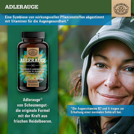ADLERAUGE® Eye Vitamins High Dose - IMPORTANT: Laboratory-tested brand complex with lutein, zeaxanthin, blueberry extract, beta-carotene, vitamins A+B &amp; more | 120 pcs -DE- SCHEUNENGUT®