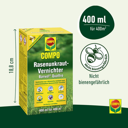 COMPO Lawn Weed Killer Banvel Quattro, Control of difficult-to-control weeds in lawns, concentrate, 400 ml (400 m²)