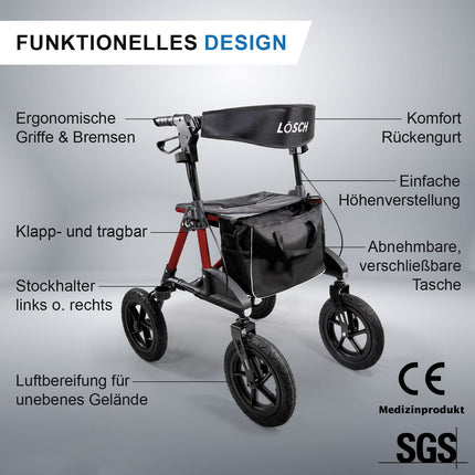 TABAS Rollator foldable &amp; lightweight with seat | Price/performance winner | Outdoor rollator with pneumatic tires, seat &amp; back strap, bag &amp; cane holder | Rollator for seniors | Walking aid from Lösch Reha