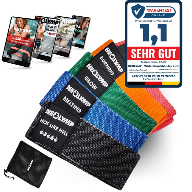 NEOLYMP Short Fabric Fitness Bands with Fitness Training Program E-Book - Washable Resistance Bands, Resistance Bands, Gymnastics Band, Fitness Band, Training Bands, Pull-Up Bands (Set of 5)