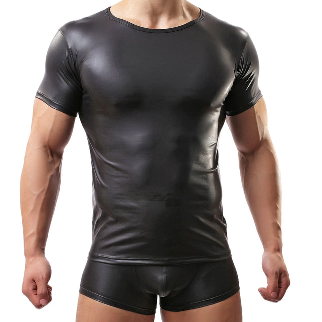 Crongless Men's Sexy T-Shirt, Patent Leather Short Sleeve Wetlook Top Undershirt Fitness Latex Shirts Tank Top Slim Fit (M)