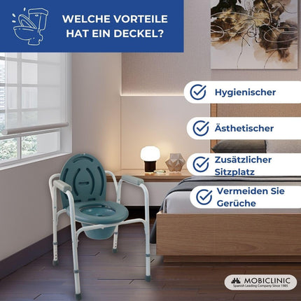 Mobiclinic®, Commode chair, With lid, Removable bucket, Adjustable to 5 heights, Model Arroyo, Non-slip foot caps, Armrests, Supports up to 100 kg, Chair toilet, Steel