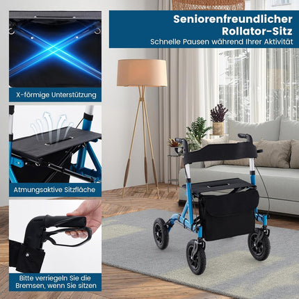 FANTASK 2-in-1 Rollator with pneumatic tires and seat up to 160 kg, foldable and lightweight aluminum with bag and cane holder, walking aid with 6-way height adjustment, wheelchair and travel rollator (blue)