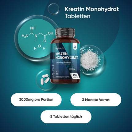 Creatine Monohydrate Tablets - 3000mg per Serving - 270 Vegan Creatine Tablets - 3 Month Supply - Creatine - Alternative to Capsules &amp; Powder - Gluten &amp; Magnesium Stearate Free - WeightWorld