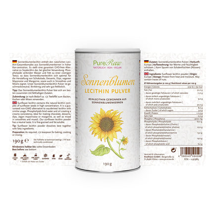 Sunflower Lecithin Powder for Cooking &amp; Baking - Sunflower Lecithin Powder, Vegan Phosphatidylcholine Emulsifier, Fine Granules - Sunflower Lecithin Powder | PureRaw 190g