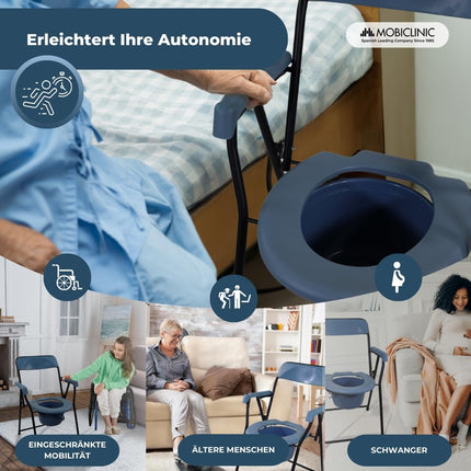 Mobiclinic®, Commode chair for seniors, European brand, Foldable toilet seat, Ergonomic with armrests, Bucket lid, Resistant, Up to 100 kg, Model timón