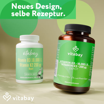 Vitabay Vitamin D3 K2 High Dose 10000 IU Depot - 180 Vegan &amp; Laboratory-Tested Vitamin D Tablets without Additives - Contributes to the Support of the Immune System and the Maintenance of Normal Bones