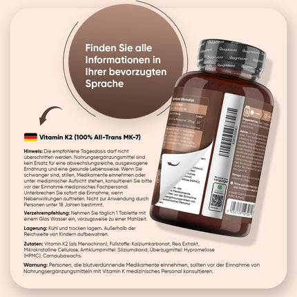 Vitamin K2 MK7-365 vegan tablets - 200µg per dose - 100% all-trans menaquinone - 1 year supply - Vitamin K supplements from WeightWorld