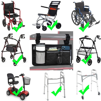 Wheelchair storage bag armrest pocket with cup holder and reflective strip, for most wheelchairs, walking frames or rollators (black)