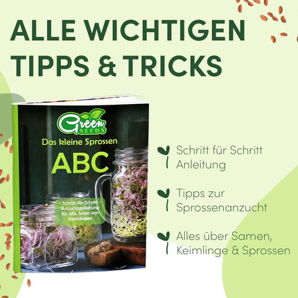 Green SEEDS® [The Original Sprouting Jar Set of 2 + Cress Sieve + 3 x Seed Set with High-Quality Stainless Steel Mesh Lid, Stand, Ceramic Bowl + Sprouting ABC [Print Version] Sprouting Jar Cultivation Set