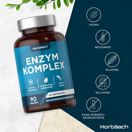 Digestive Enzymes | Enzyme Complex Amylase, Protease, Lactase, Lipase, and Cellulase | Betaine HCl | 90 vegan tablets | Digestive Enzymes | Horbaach