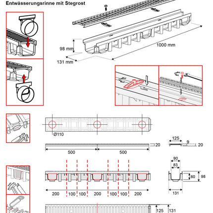 2m drainage channel for modular system A15 98mm, complete with plastic slotted grating, Black Line