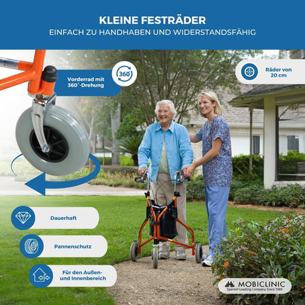 Mobiclinic, Caleta model, Rollator, Walker for seniors and disabled people, With 3 wheels, Foldable walking aid, Steel, Adjustable, Basket, Carrying bag, Brakes on the levers, Orange
