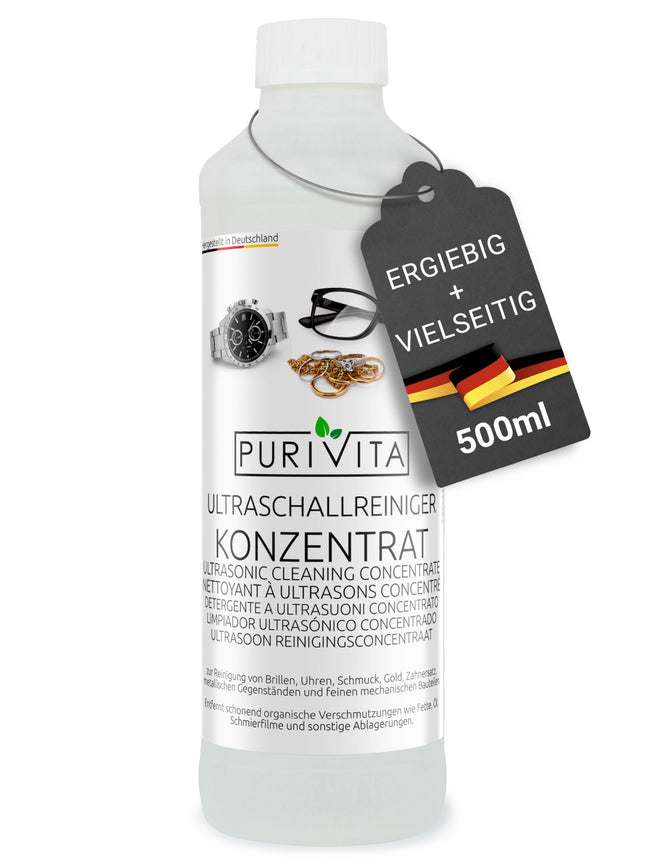 PURIVITA® Ultrasonic Cleaner Concentrate [500ML] - Cleaning agent for ultrasonic devices - Cleaning fluid for ultrasonic cleaners - Ultrasonic cleaning for glasses, jewelry, teeth &amp; coins