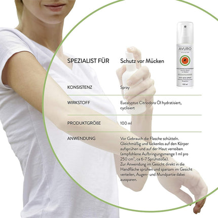 AVURO Mosquito Repellent Spray 100ml, long-lasting protection against insects, 100% plant-based active ingredient Eucalyptus Citriodora Oil, DEET-free
