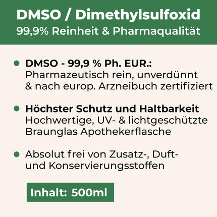 DMSO 500ml 99.9% pharmaceutical quality &amp; purity - DMSO Dimethyl Sulfoxide ph. EUR undiluted in a light-protected amber glass pharmacy bottle - DMSO 99.9% 500ml