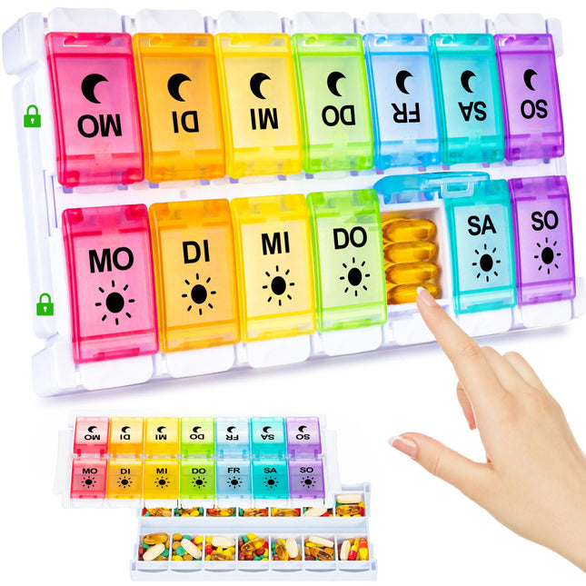 Pill box 7 days, pill box 14 days 2 compartments, morning evening medication box 14 compartments with push button design, tablet organizer for fish oil, dietary supplements