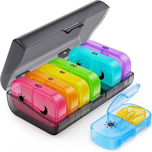 AUVON 7-day morning/evening pill box, 2 compartments, handy and moisture-resistant medication box for your handbag or pocket to store medications (rainbow)
