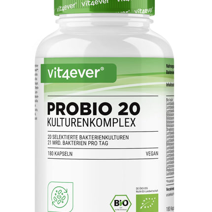Probio 20 - Culture Complex with 20 bacterial strains + organic inulin - 180 gastro-resistant capsules Bright JC Caps® - 21 billion lactic acid bacteria per daily dose - High dosage - Vegan -