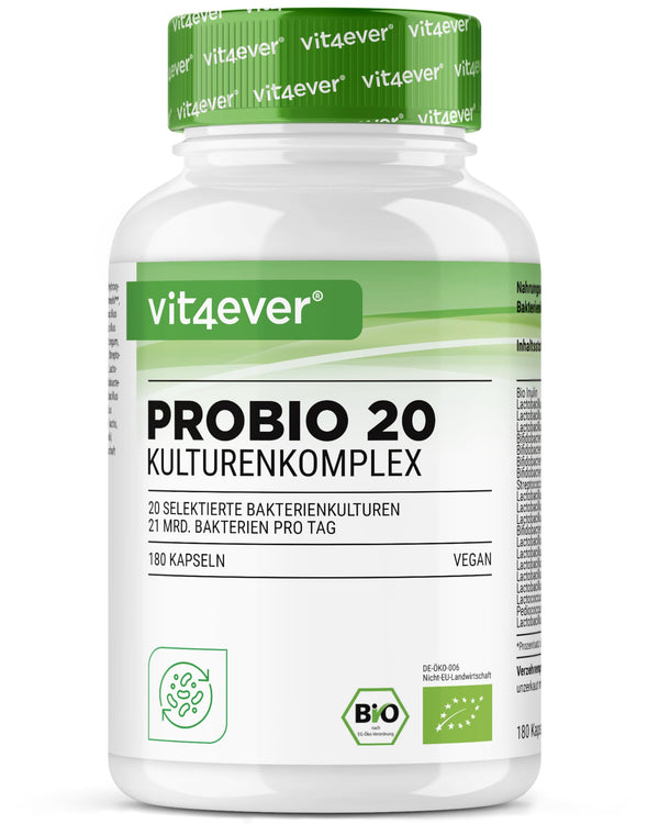 Probio 20 - Culture Complex with 20 bacterial strains + organic inulin - 180 gastro-resistant capsules Bright JC Caps® - 21 billion lactic acid bacteria per daily dose - High dosage - Vegan -