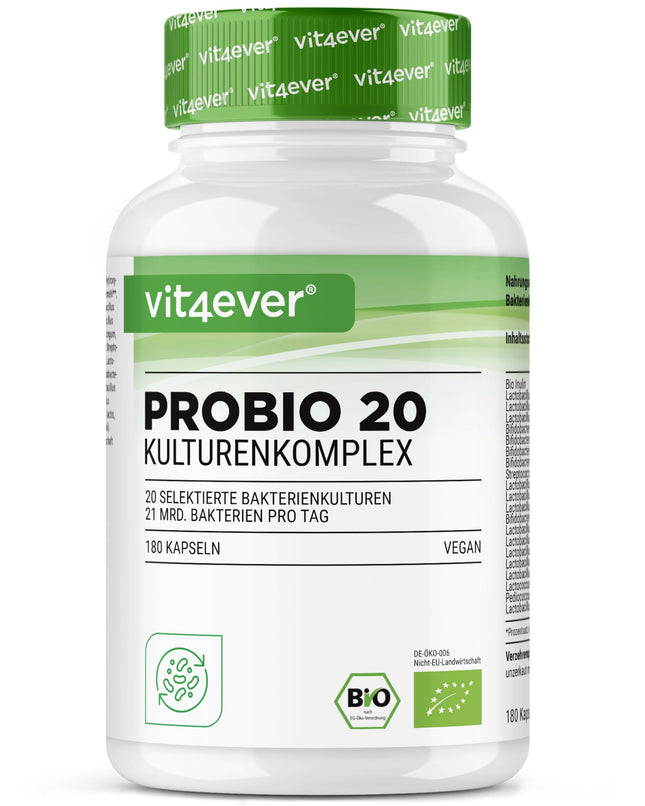 Probio 20 - Culture Complex with 20 bacterial strains + organic inulin - 180 gastro-resistant capsules Bright JC Caps® - 21 billion lactic acid bacteria per daily dose - High dosage - Vegan -