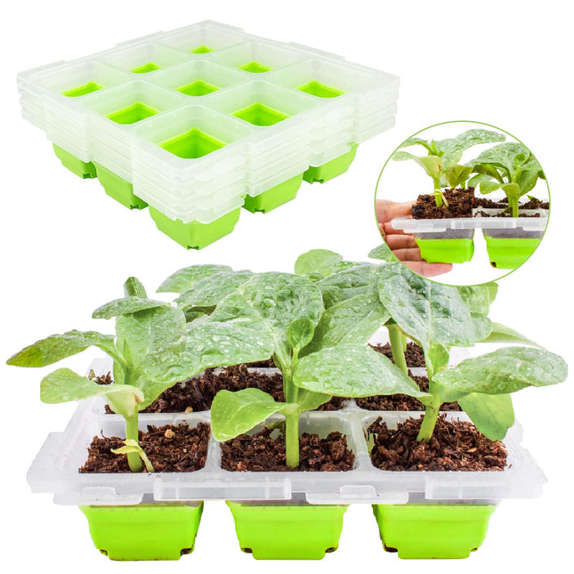 QTUN Growing Tray Pot Tray 4 Pieces 36 Planting Holes, Reusable Indoor Greenhouse Grow Box, Mini Greenhouse Grow Trays for Plants, Herbs, Flowers, Vegetables and Fruits