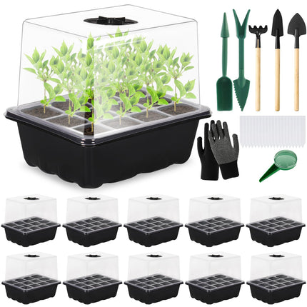 KIMIGO Indoor Greenhouse Propagator, 10 Pieces 120 Cells Mini Greenhouse Propagation Set, Mini Greenhouse Small Propagation Set, Seedling Starter Trays with Lid Ventilation, for Seedling Plant - Black