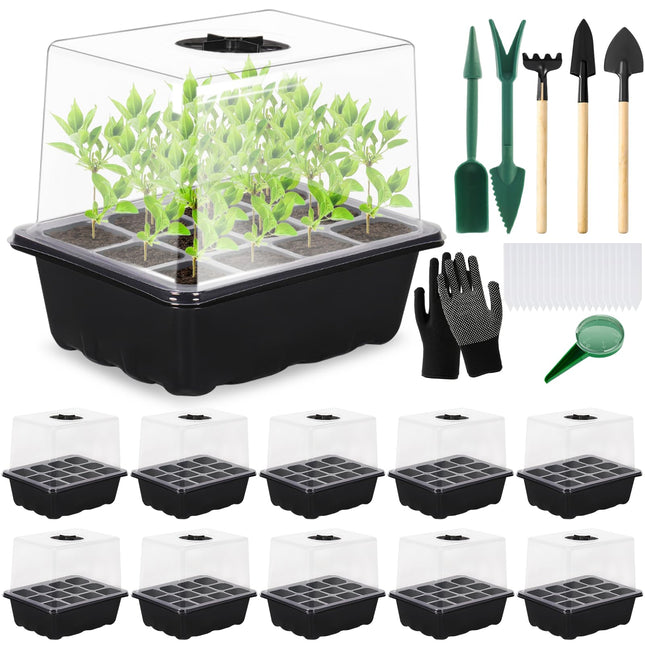 KIMIGO Indoor Greenhouse Propagator, 10 Pieces 120 Cells Mini Greenhouse Propagation Set, Mini Greenhouse Small Propagation Set, Seedling Starter Trays with Lid Ventilation, for Seedling Plant - Black