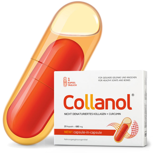 Collanol – Innovation in Joint Care. Liquid formula in a double capsule. 3D collagen + micellar extract of turmeric roots. 1 capsule/day. Laboratory-tested.