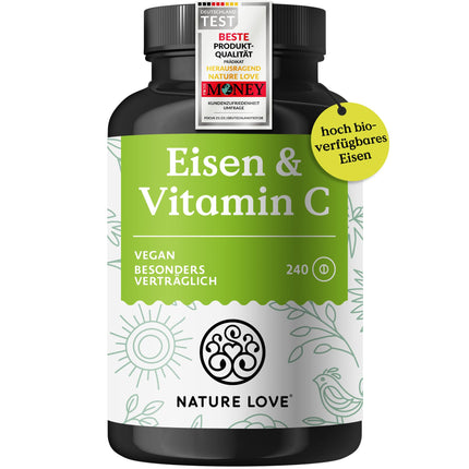 NATURE LOVE® Iron Tablets with Vitamin C - 240 Tablets - 20mg Iron and 40mg Vitamin C per Tablet - Highly Bioavailable Iron Bisglycinate (Iron Chelate) - Vegan, Produced in Germany