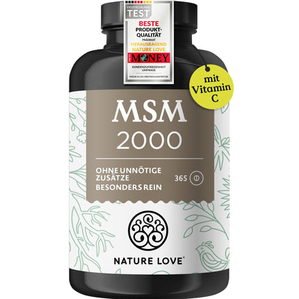 NATURE LOVE® MSM 2000mg with Vitamin C - 365 laboratory-tested tablets - More compact MSM powder than capsules - No additives, high dosage, vegan, produced in Germany