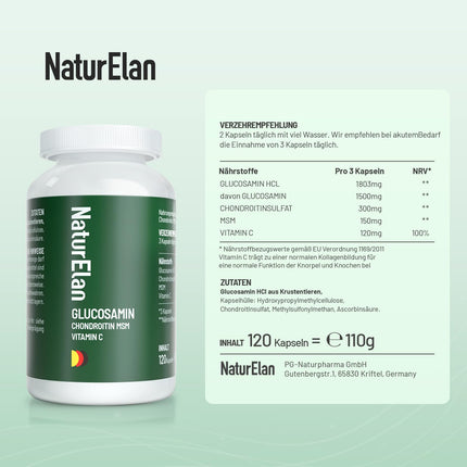 Glucosamine Chondroitin high dose - 1803mg Glucosamine per daily dose with MSM &amp; Vitamin C, laboratory tested, no additives, 120 Capsules, produced in Germany