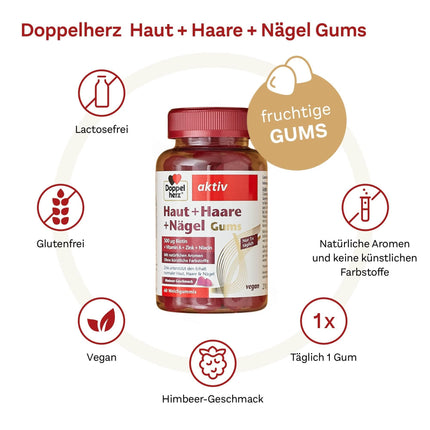 Doppelherz Skin + Hair + Nails Gums - with vitamins &amp; minerals - Zinc supports the maintenance of normal skin, hair and nails - vegan - approx. 60 soft gummies