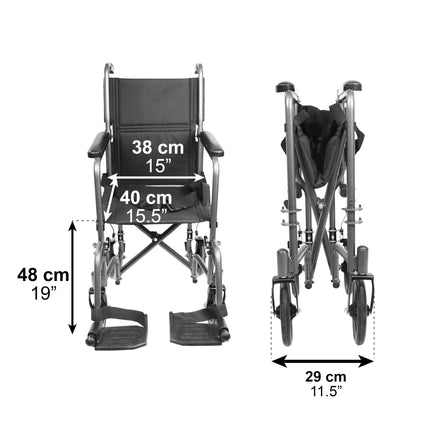 PEPE Mobility - Folding Wheelchair Lightweight Narrow (Seat 38 cm), Steel Transport Wheelchair, Indoor for Elderly People, with Footrest